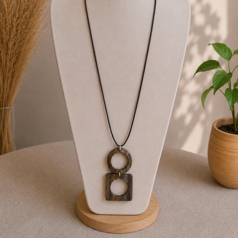Ebony Geometric Wood Pendant Necklace Upcycled Statement Wood Jewelry