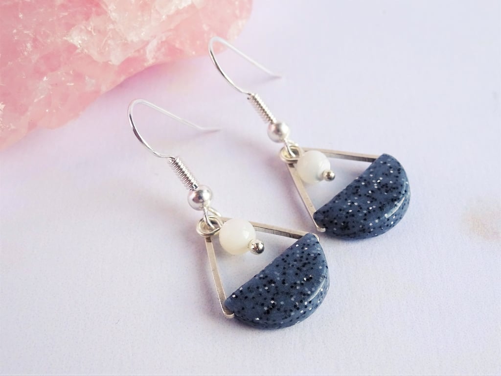 Mother of Pearl drop earrings, Modern gemstone jewellery, Triangle drop earrings
