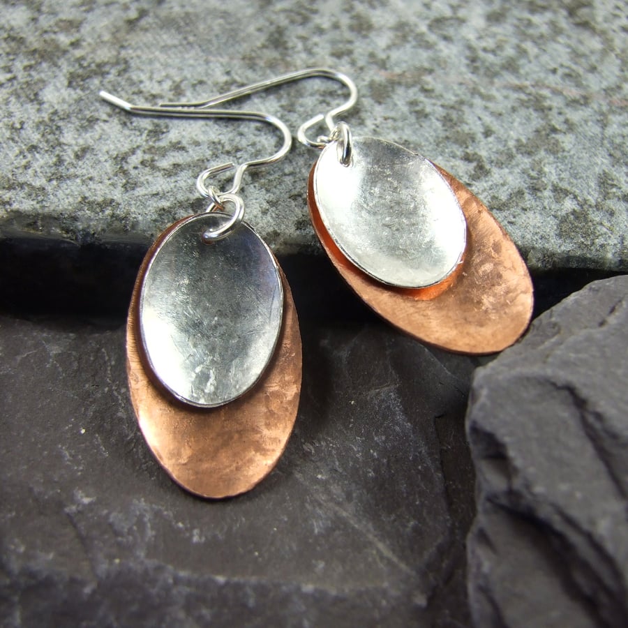Earrings, Artisan Geometric Oval Copper & Sterling Silver