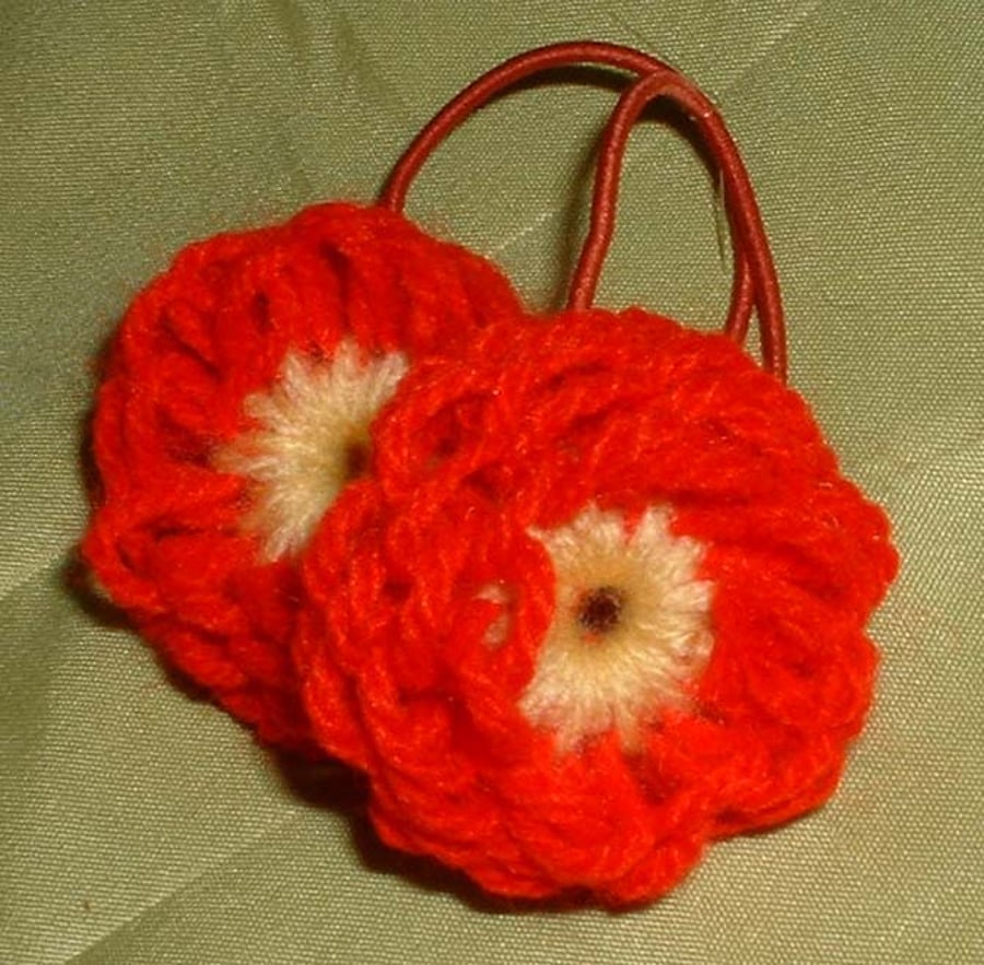 Handmade woollen flower hair bands - red & yellow