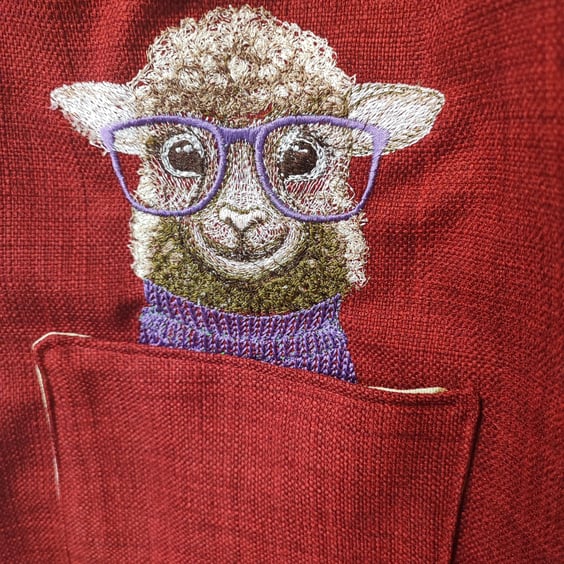 Tote Bag, deep red, burgundy colour with sheep embroidery