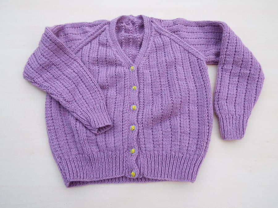 Hand knitted girls mauve cardigan to fit 3 - 4 years 