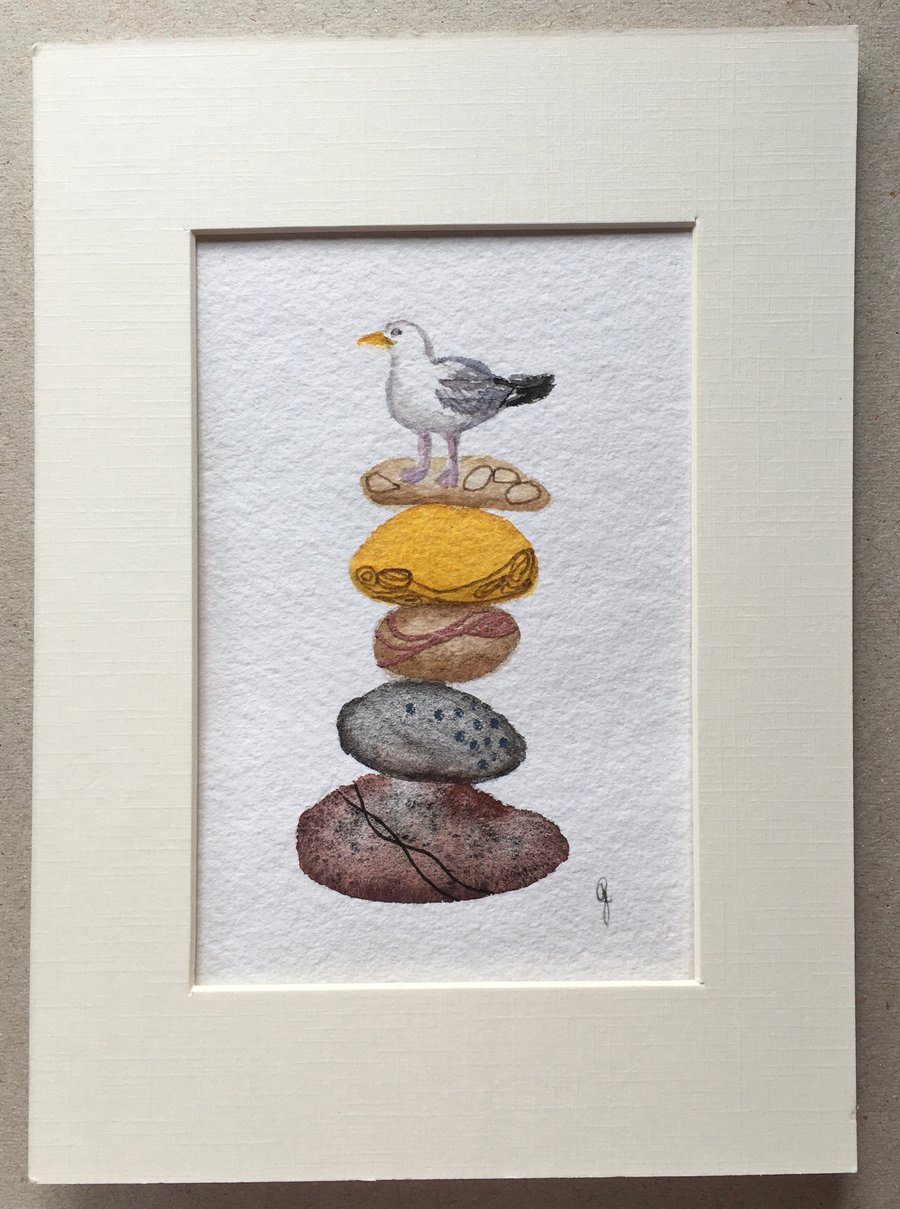 Pebble pile seagull small painting 