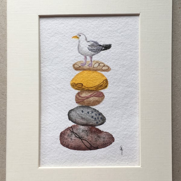 Pebble pile seagull small painting 