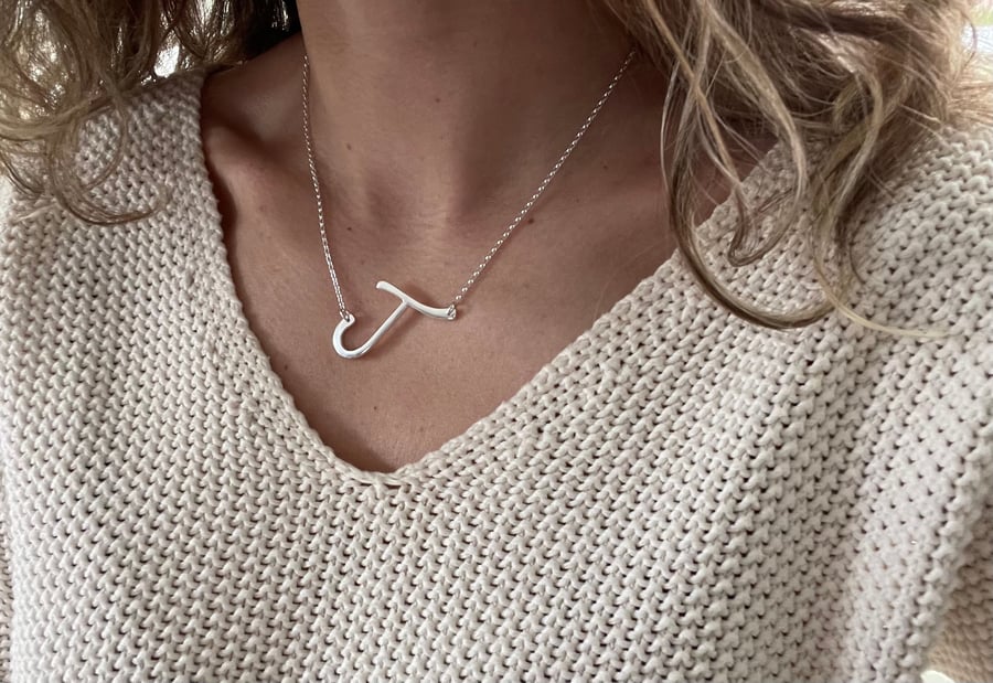 Stylish Letter J Necklace Medium Size - Modern Trendy Silver J Initial - Bespoke