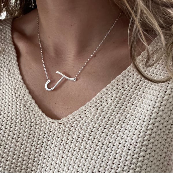 Stylish Letter J Necklace Medium Size - Modern Trendy Silver J Initial - Bespoke