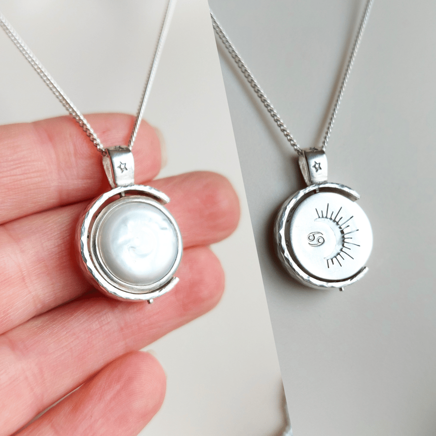 Cancer Zodiac Pearl Moon and Stars Reversible Spinner Necklace