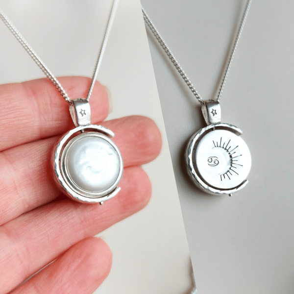 Cancer Zodiac Pearl Moon and Stars Reversible Spinner Necklace