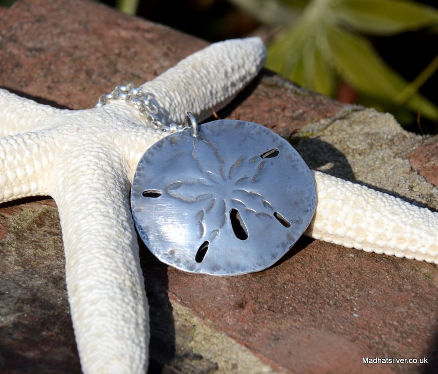 Silver sand dollar, beachcombing, beach pendant