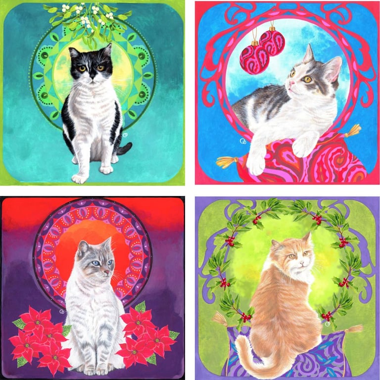 Set of 4 Handmade Christmas Art Nouveau Cats Greeting Cards