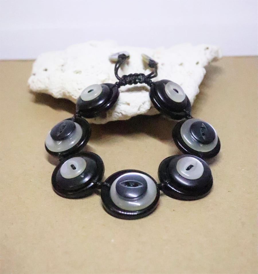 Shiny black and white and navy color theme - Vintage Button Adjustable Bracelet