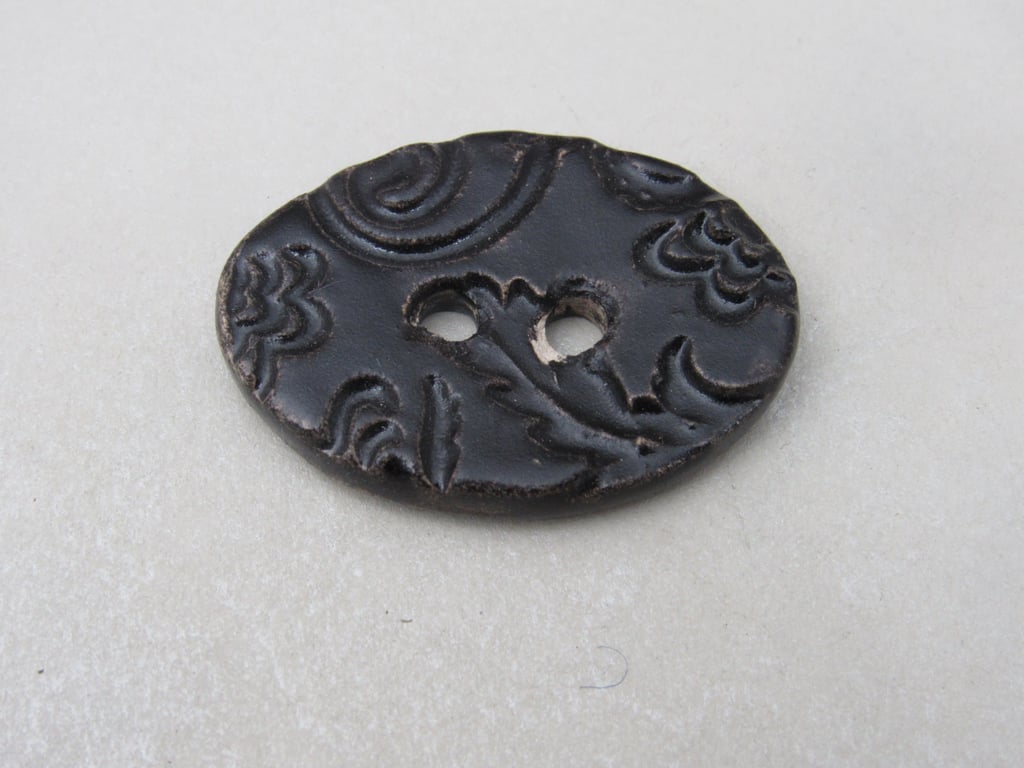 Large Dark Earth Brocade Oval Handmade Ceramic Button
