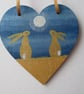 Bunny Rabbit Golden Hare Hanging Heart Wooden Decoration Hand Painted ooak art - Image 2