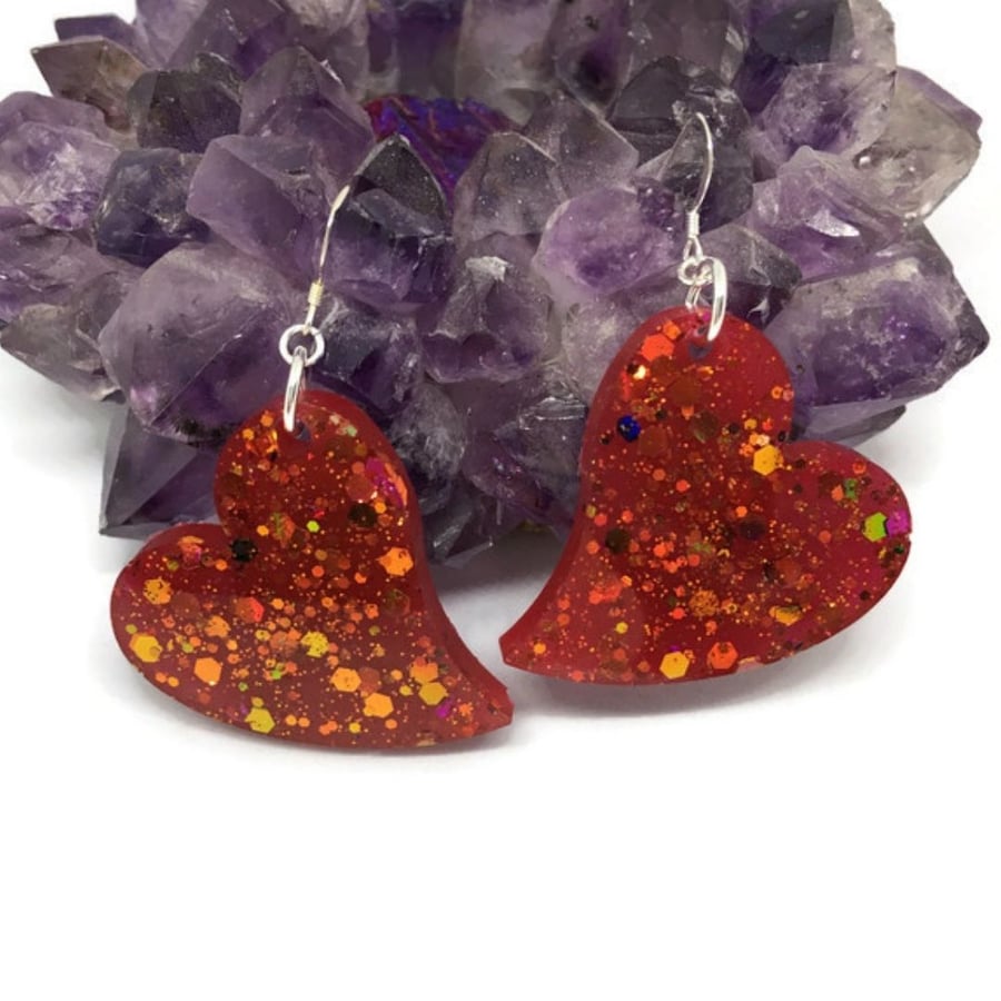Red glitter heart dangle statement earrings on sterling silver ear wires