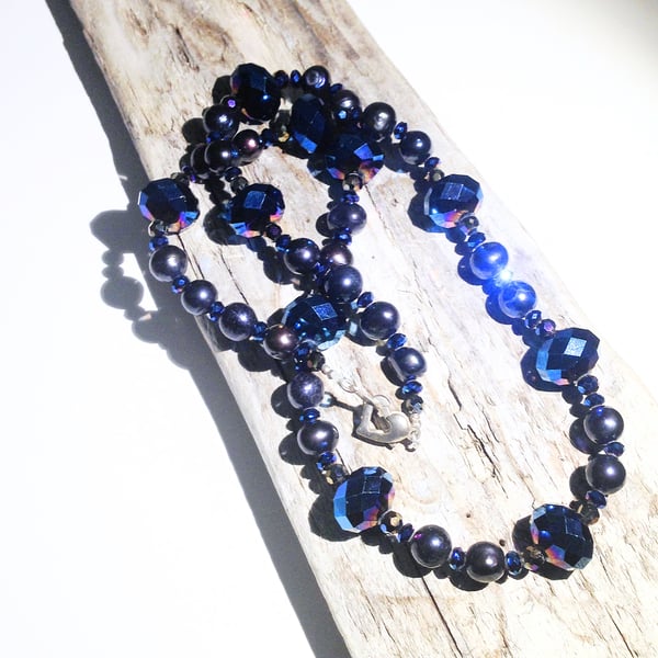 Dark Freshwater Pearl and Blue Iris Crystal Necklace - UK Free Post