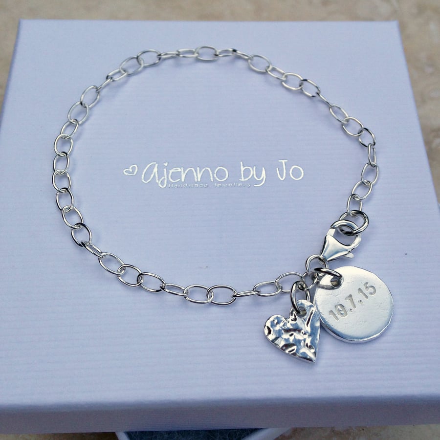 Personalised Special Date Love Heart Charm Silver Bracelet - DH2