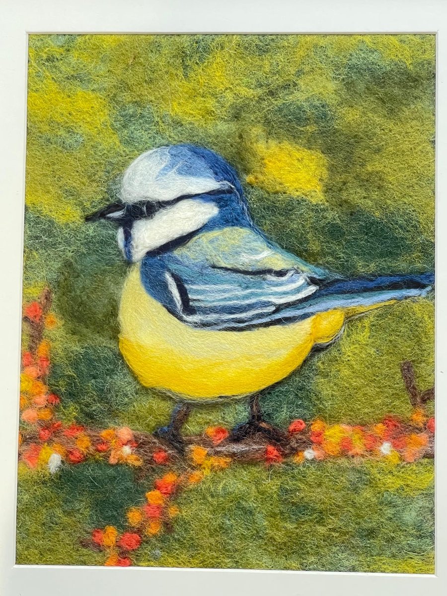 Framed Wool Felted Blue Tit – Gentle Textile Wall Art