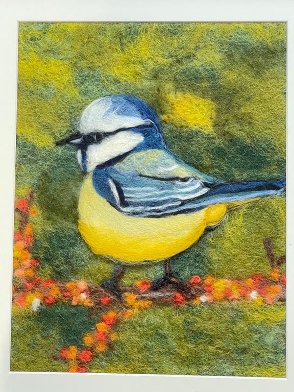 Framed Wool Felted Blue Tit – Gentle Textile Wall Art