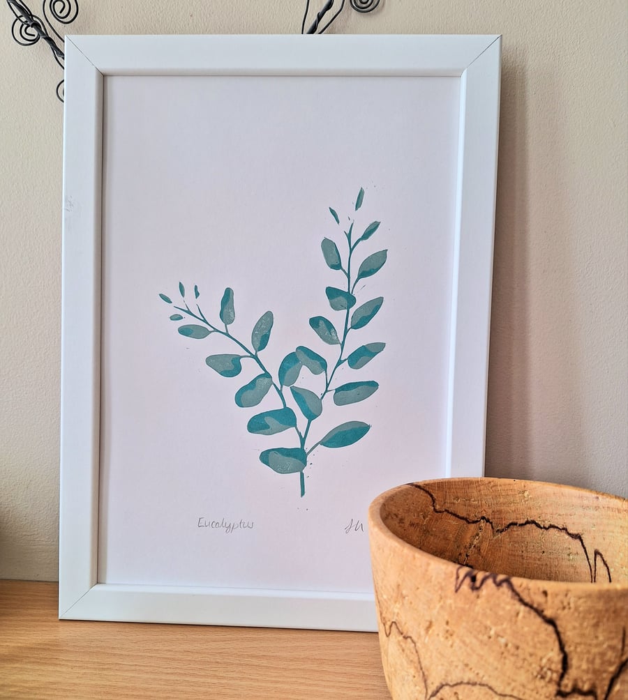 Original linoprint of eucalyptus leaves  in 2 shades of green. 