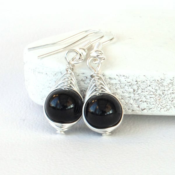 Wire wrapped black onyx earrings