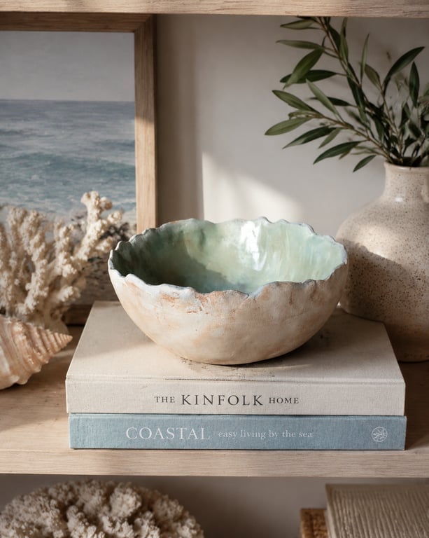Coastal Inspired Bowl with Mother of Pearl Effect Interior, Artisan Wabi Sabi