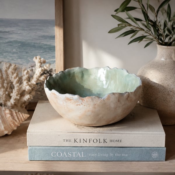 Coastal Inspired Bowl with Mother of Pearl Effect Interior, Artisan Wabi Sabi