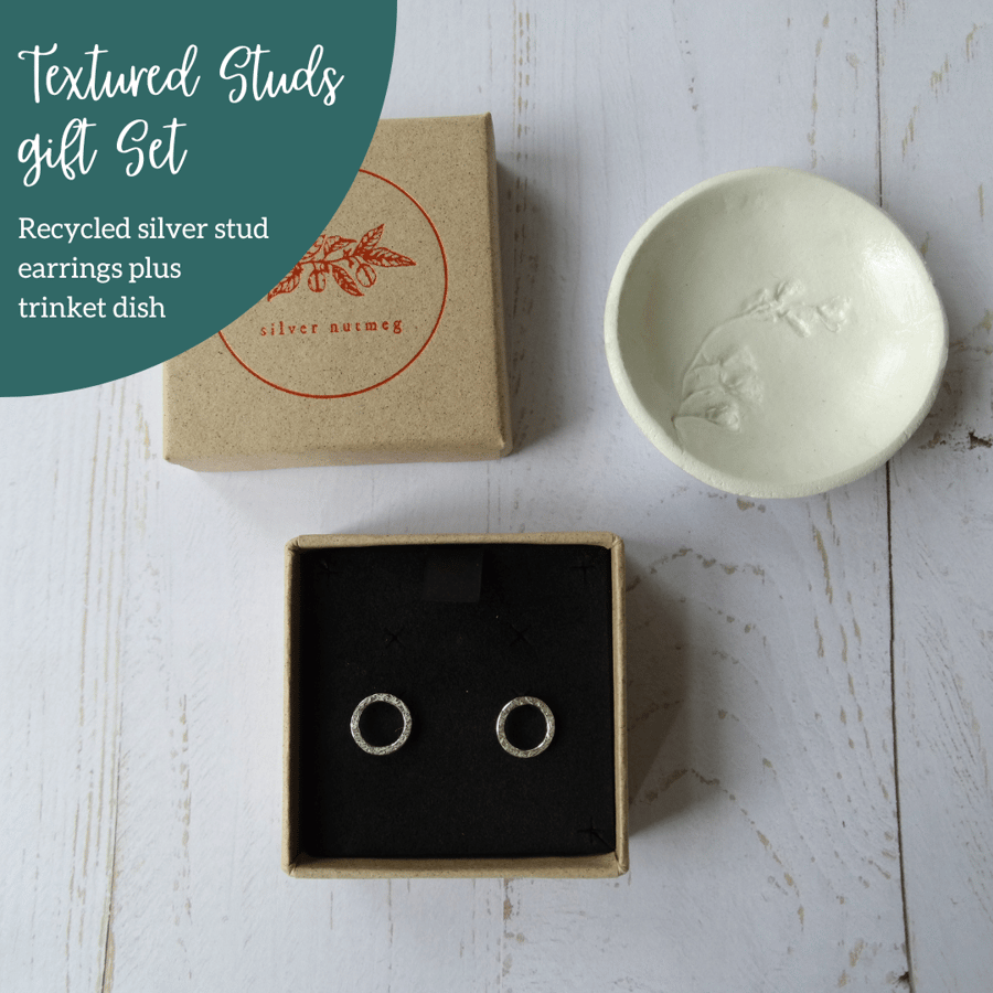 Textured earring gift set bundle - silver studs and dish
