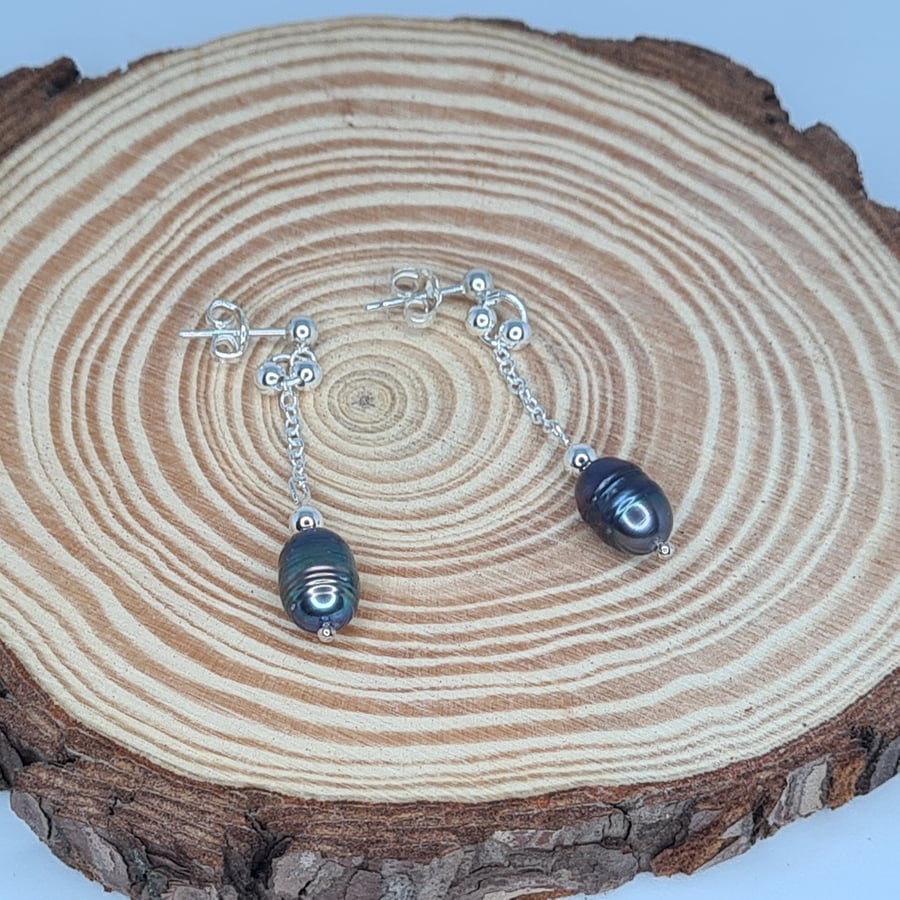 Handmade Sterling Silver Dangle Earrings, Blue Pearl Drops