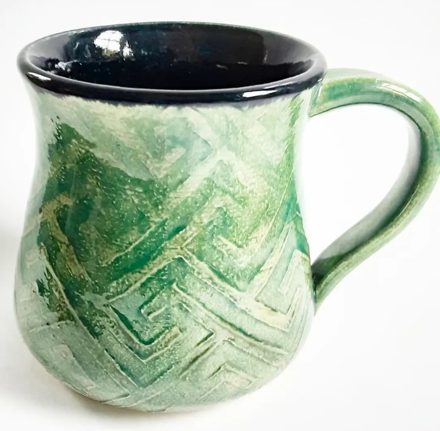 Green Patterned Glazed Mug - Hand Thrown Stoneware Ceramic Mug 