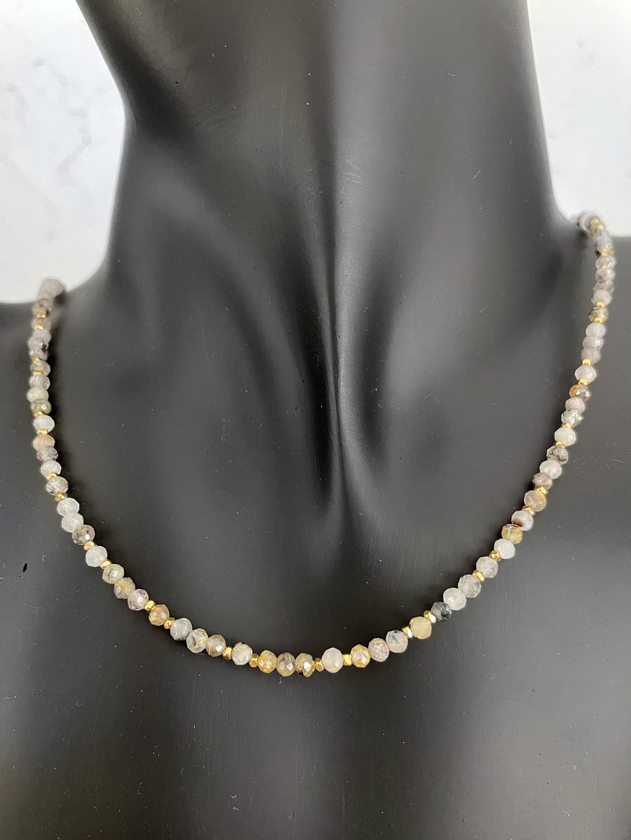 Rutilated quartz and gold plated silver bead necklace