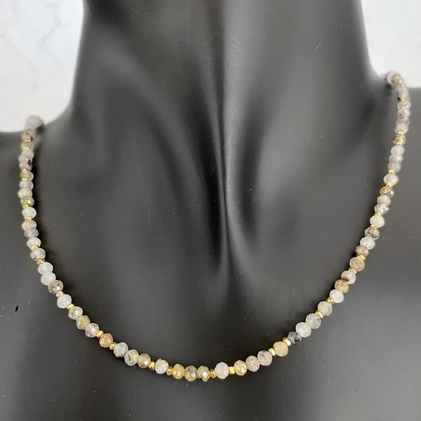 Rutilated quartz and gold plated silver bead necklace
