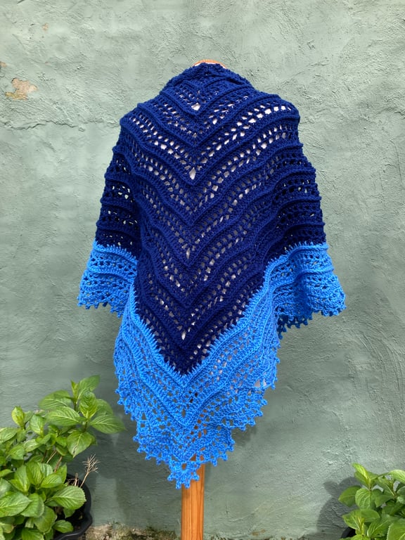 Handknitted Handmade Textured Lace Triangle Shawl Scarf Wrap in Blue Vegan Wool