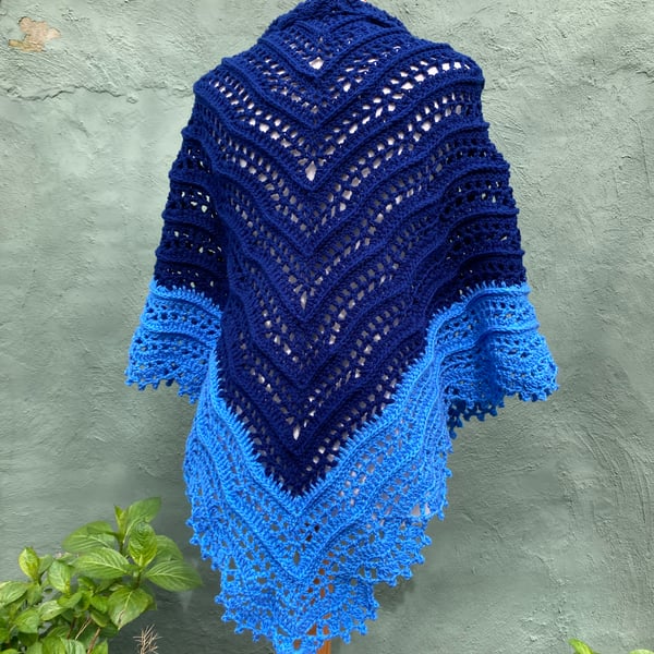 Handknitted Handmade Textured Lace Triangle Shawl Scarf Wrap in Blue Vegan Wool