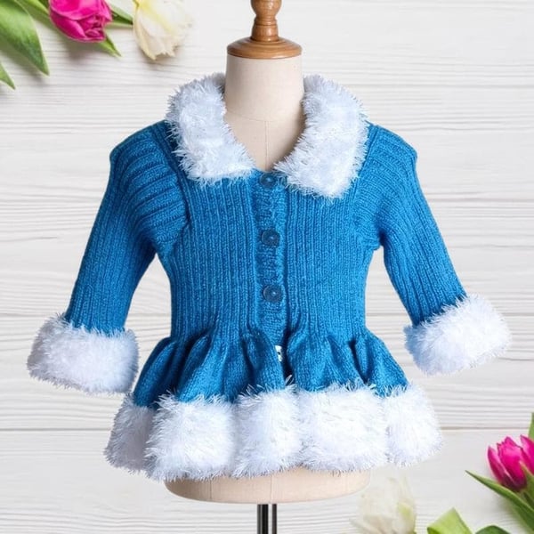 Hand-Knitted Sparkly Blue Peplum Cardigan for Girls, Fluffy Winter Sweater 2-4yr