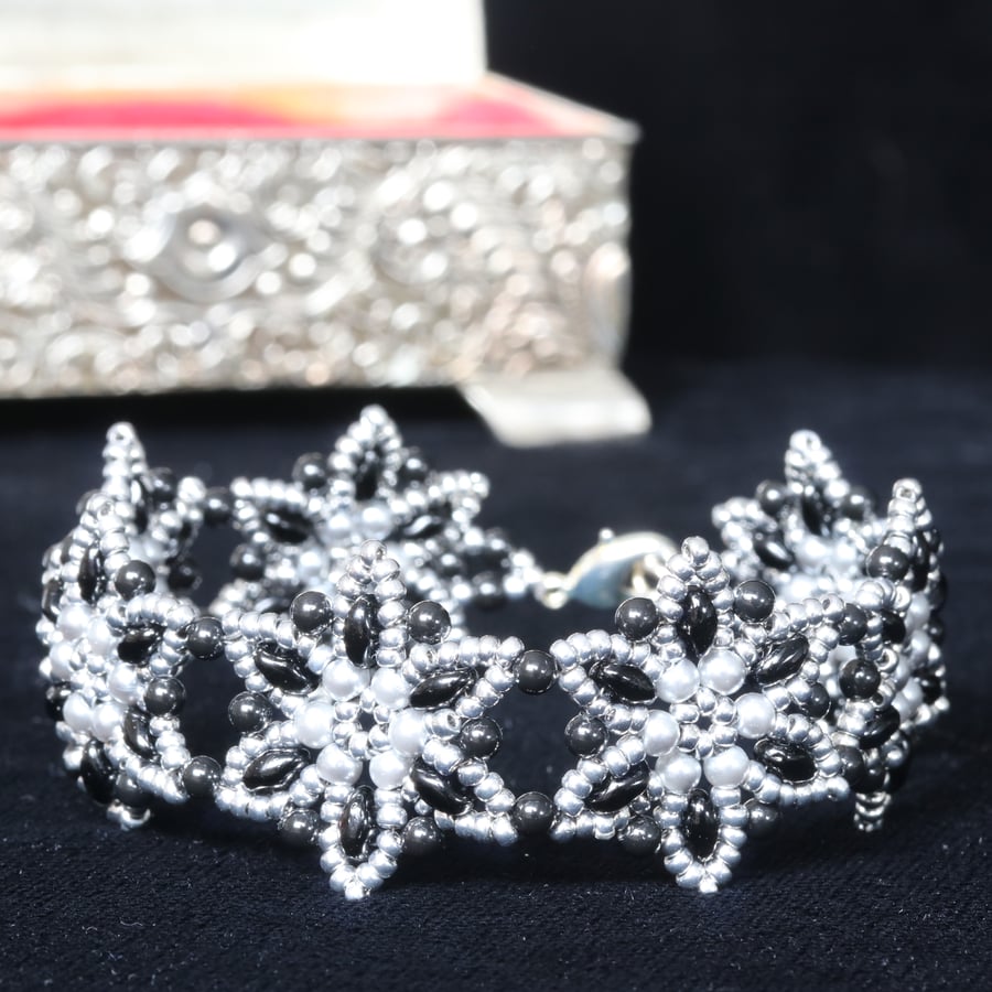 Starflower Cuff Bracelet in Silver and Black