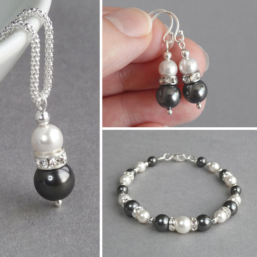 Dark Grey Pearl and Crystal Jewellery Set - Necklace, Bracelet and Drop Earrings