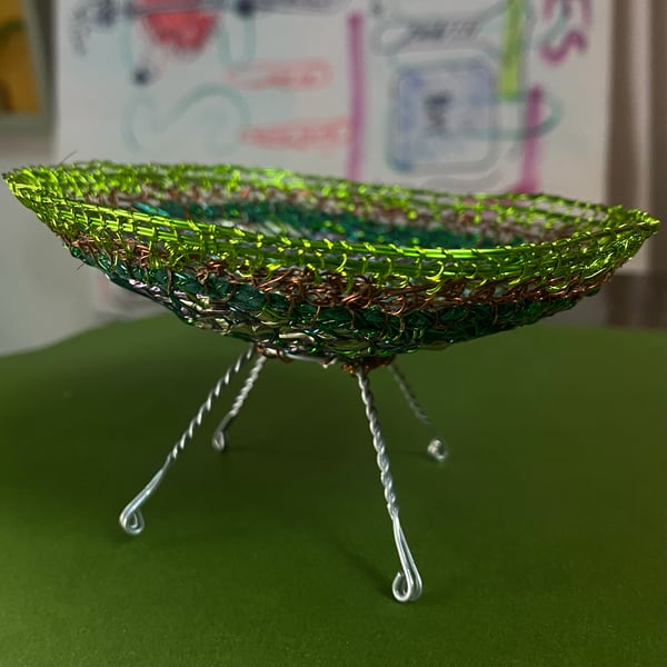 Green wire and lilac sweetie wrapper totty pot