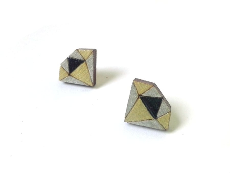 Tiny Wooden Diamond Stud Earrings in Metallic Colours