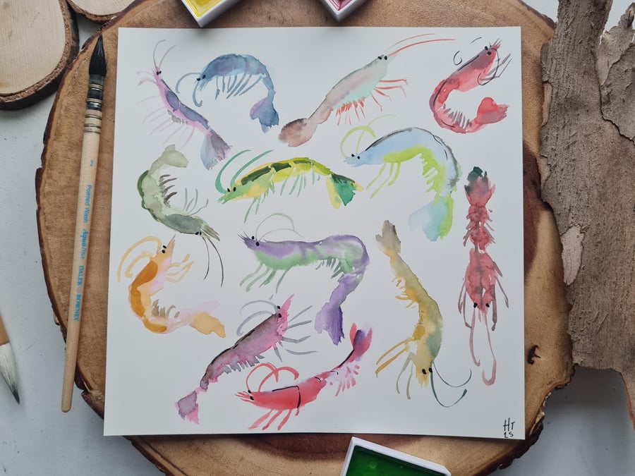 Original hand painted watercolour silly shrimp art