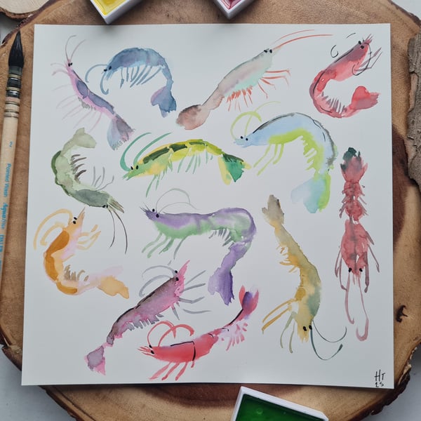 Original hand painted watercolour silly shrimp art