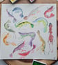 Original hand painted watercolour silly shrimp art