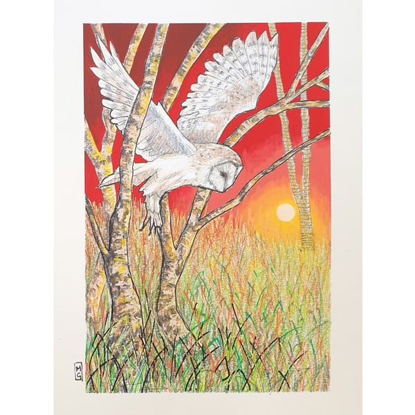 Barn Owl Flight through the Trees, sunset owl artwork, bird wall art