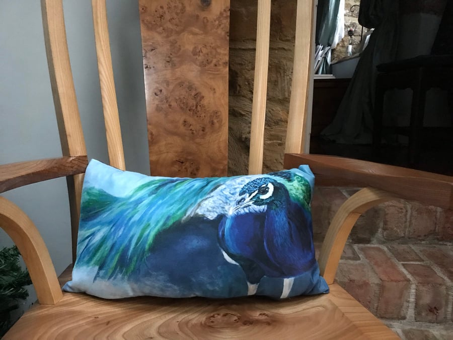 Gorgeous peacock cushion designed by British artist