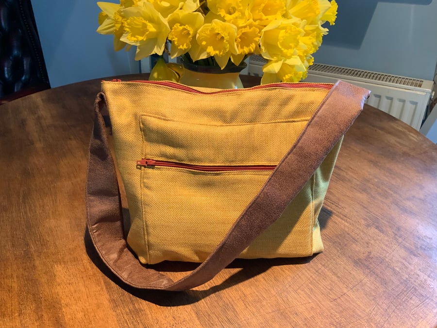 Mustard Tweed Handbag. Fully Lined. 12” by 10”. 
