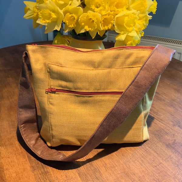 Mustard Tweed Handbag. Fully Lined. 12” by 10”. 