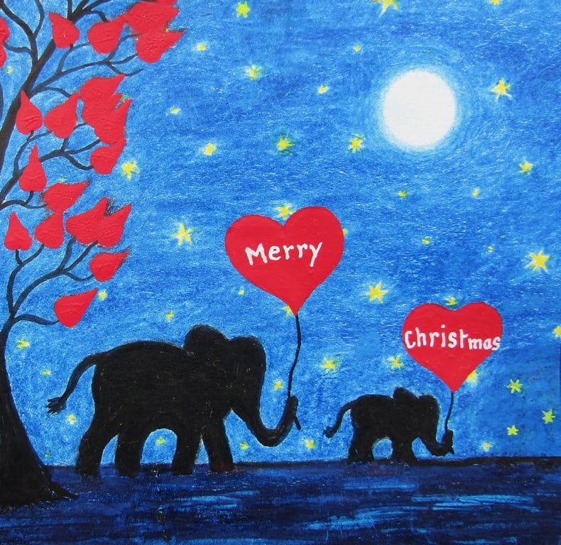 Christmas Card, Elephant Heart Moon Stars Art Card, Hearts Tree, Love Xmas Card