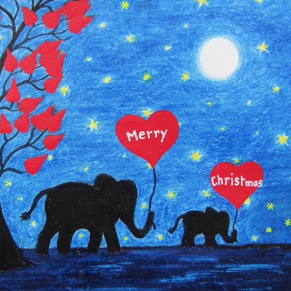 Christmas Card, Kids Elephant Heart Card, Mother Daughter Moon Stars, Son Dad