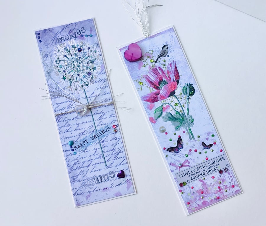 Bookmarks Set of Two, Printed Handfinished floral collage design 