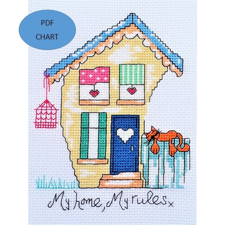 Cat and House  Cross Stitch Pattern: 'My Home My Rules' Quote (PDF Download)