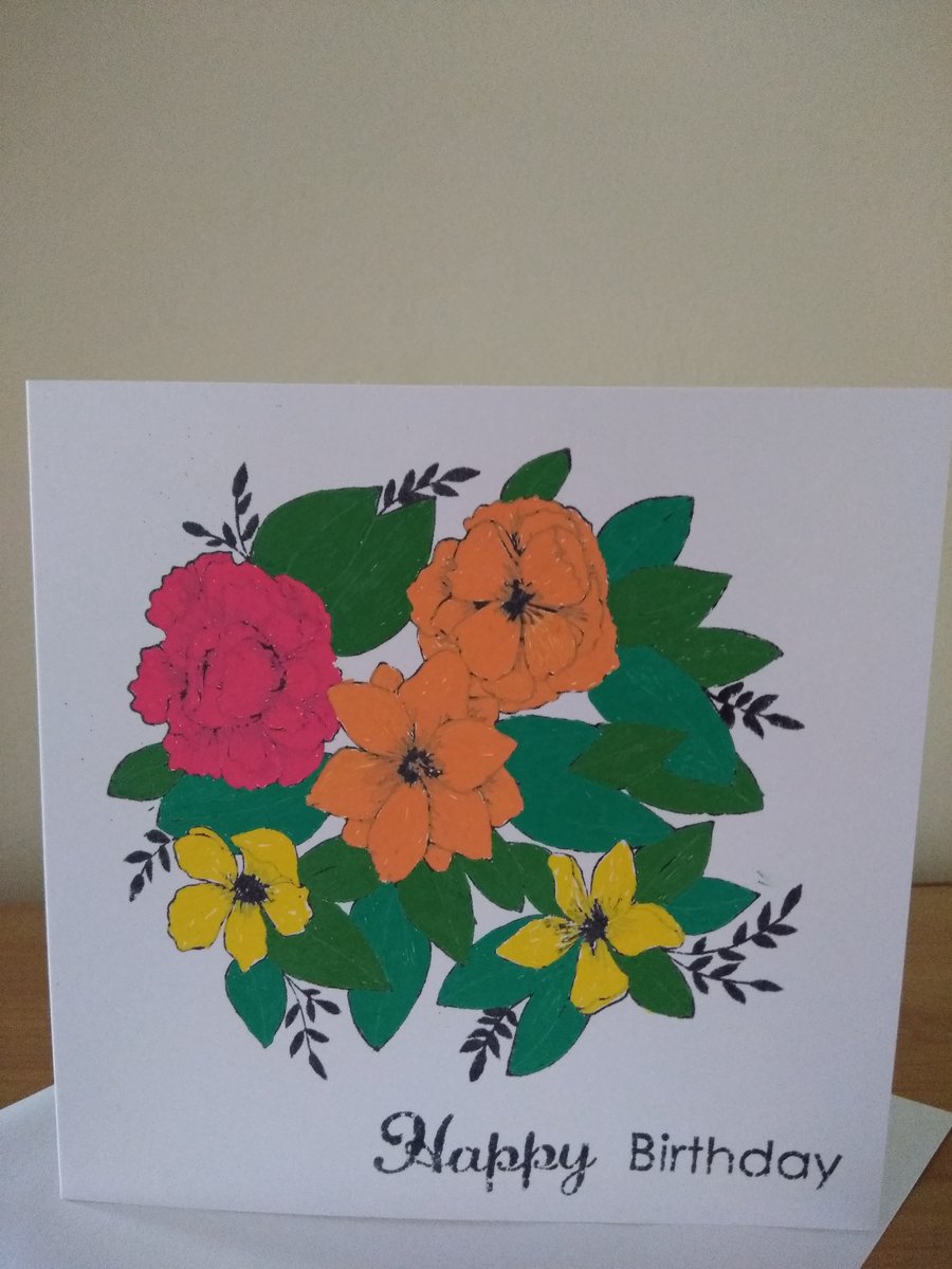 Happy Birthday painted flowers card ref 216